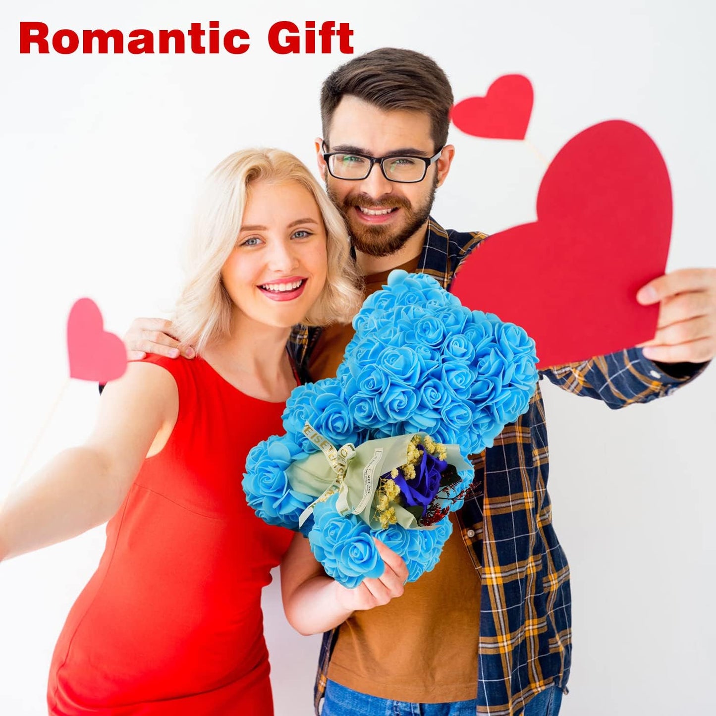 Valentines Day Gift for Her,Rose Bear Gift for Women,Flowers Gifts for Mom Wife Grandma Friends Sister,Artificial Flowers Teddy Bear with Bouquet,Greeting Card,Mother'S Day Birthday Christmas