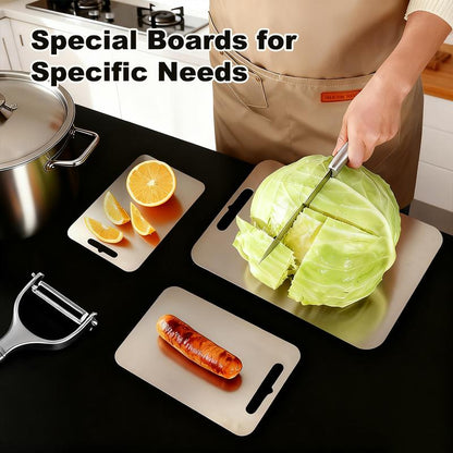 3PCS Stainless Steel Cutting Board Set S+M+L Sizes Food-Grade Metal Chopping Boards for Meat Vegetables & Ultrathin & Durable, Portable & Rust-Resistant Easy to Clean More Edge-Smoothing Kitchen Tools - Kitchenware