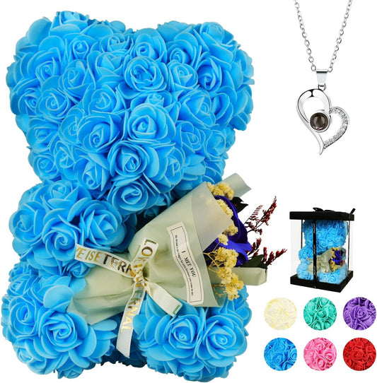 Valentines Day Gift for Her,Rose Bear Gift for Women,Flowers Gifts for Mom Wife Grandma Friends Sister,Artificial Flowers Teddy Bear with Bouquet,Greeting Card,Mother'S Day Birthday Christmas